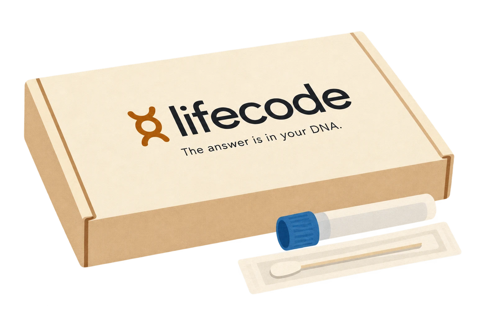 Paper-cut illustration of Lifecode’s ivory DNA kit, collection tube, and cheek swab